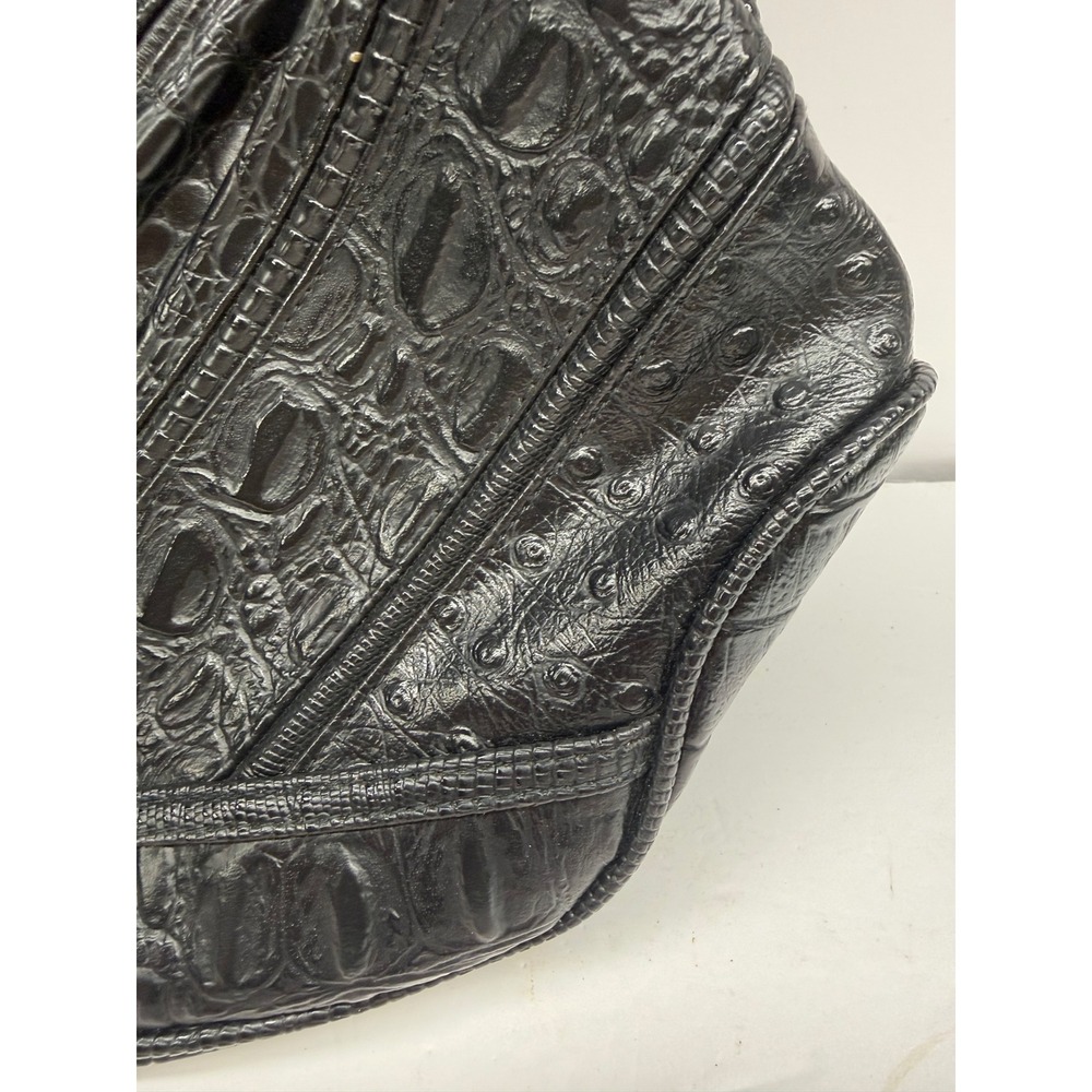 Vintage Black Embossed Patchwork Handbag Crocodile Ostrich Lizard Top Handle Bag - Picture 4 of 15